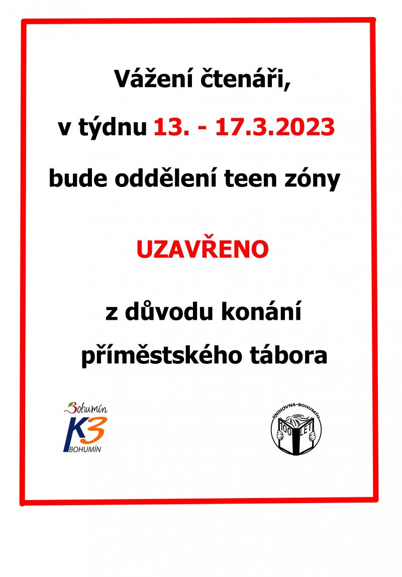 Zobrazit detail akce: V týdnu 13.-17. 3.2023 bude oddělení Teen zóny uzavřeno