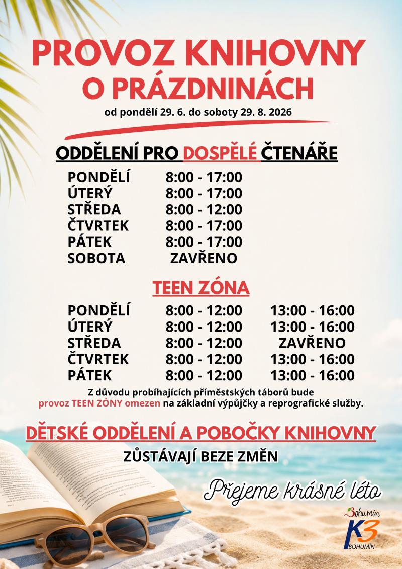 Prázdninový provoz knihovny platný od 29. 6. 2026 - 29. 8. 2028